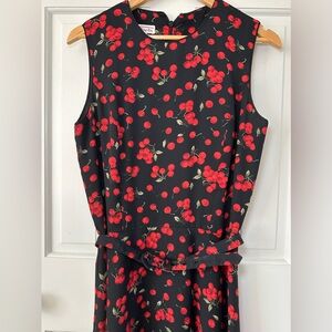 Vintage Talbots Cherry Print Black Red Belted Sleeveless Midi Dress Size 8